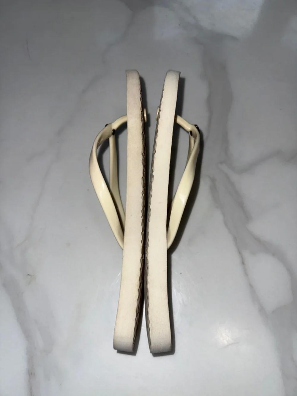 Tory Burch Navy Geometric Print Flip Flops with Cream Straps
